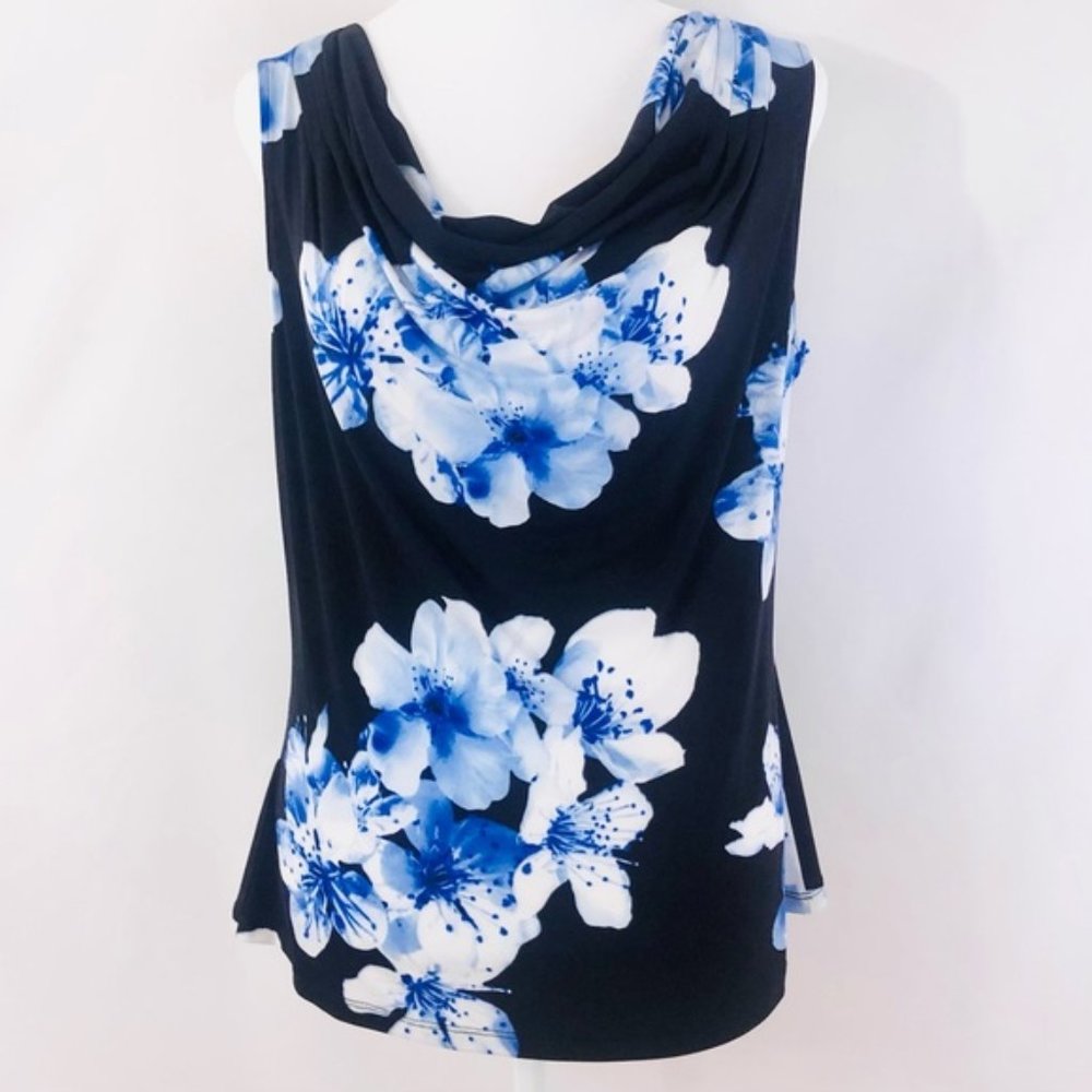 Calvin Klein Black Blue Floral Draped Sleeveless Stretch Top, Size Medium